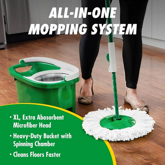 Spin Mop System, Spinning Floor Mopping and Bucket with Wringer Set for Home, Hardwood, Laminate, Tile Cleaning, Includes 1 Machine Washable Replacement Head Refills (2 Total)