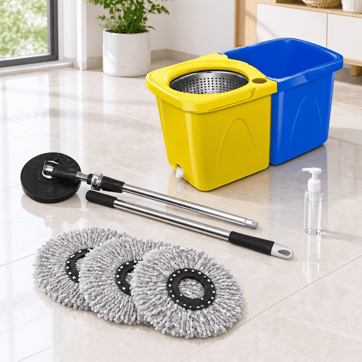 Meat Mop Spin Mop System with Dual Bucket, Yellow/Blue, 3 Refills Included ...