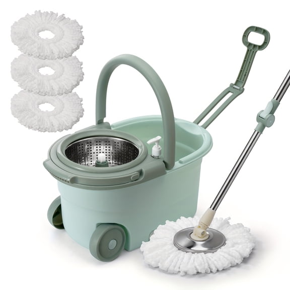 Spin Mop and Bucket Set with 3 Microfiber Heads, Adjustable 35-46 in Pole, Green