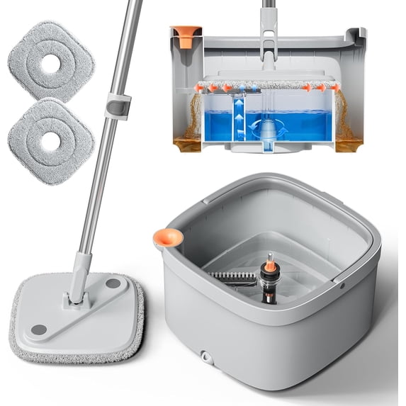 Spin Mop and Bucket Set with Self Separation Dirty Clean Water System, Wringing 360° Rotating Square Head for Home Floors Cleaning (1.0 (2 Pads))