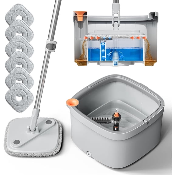 Spin Mop and Bucket Set with Self Separation Dirty Clean Water System, Wringing 360 Rotating Square Head for Home Floors Cleaning (1.0 (6 Pads))