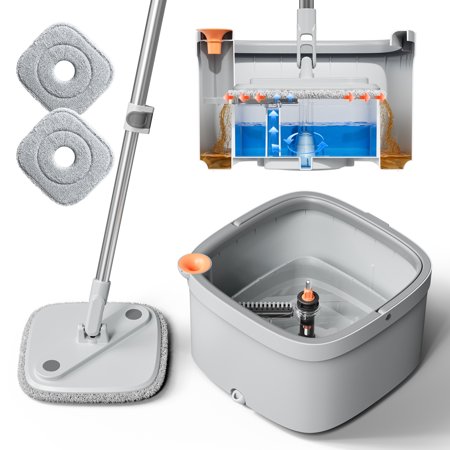 Spin Mop and Bucket Set with Self Separation Dirty and Clean Water System, Self Wringing 360° Rotating Square Mop Head for Home Floors Cleaning