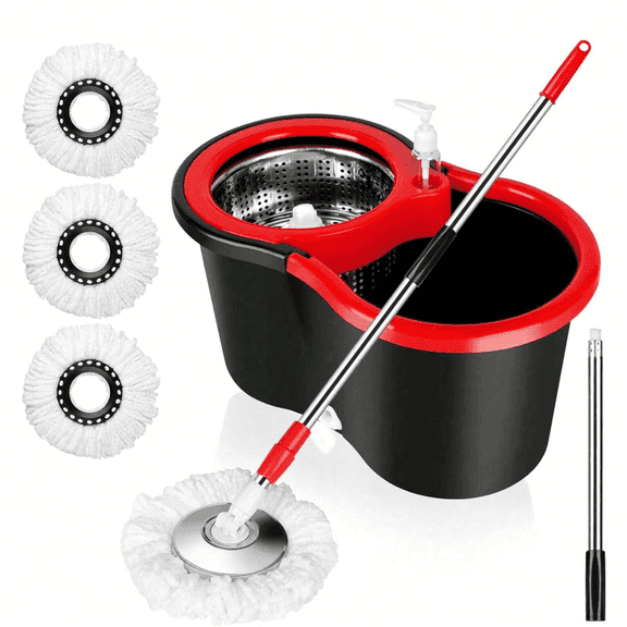 Spin Mop and Bucket Set with Wringer, 3 Microfiber Refills, 360° Rotating Mop for Floor Cleaning