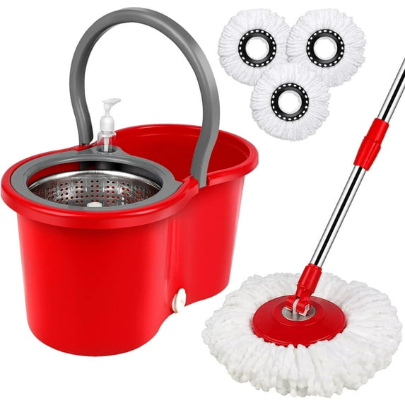 Spin Mop and Bucket System, Bucket System with Wringer Set for Floor Cleaning, 61 inches Telescoping Mop Rod for Office and Home Use, Red