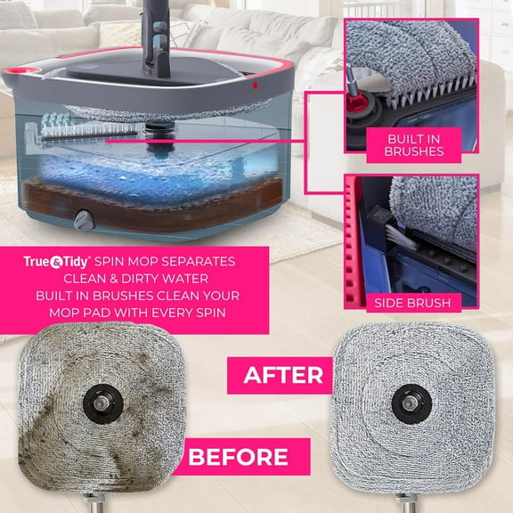 Spin Mop and Bucket System Deluxe with Silicone Sweeper Mop Head and 4 Machine Washable Microfiber Mop Pads