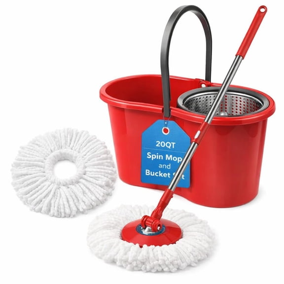 Spin Mop and Bucket with Wringer Set, 360 Mop System, 20QT, 2 Heads