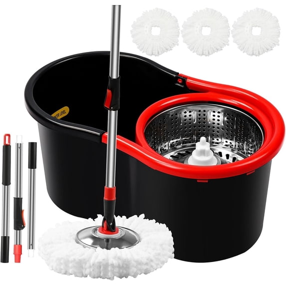 Spin Mop and Bucket with Wringer Set,360? Mop and Bucket System with 3 Microfiber Mop Refills and 50" Extended Handle for Floor Cleaning (Black)