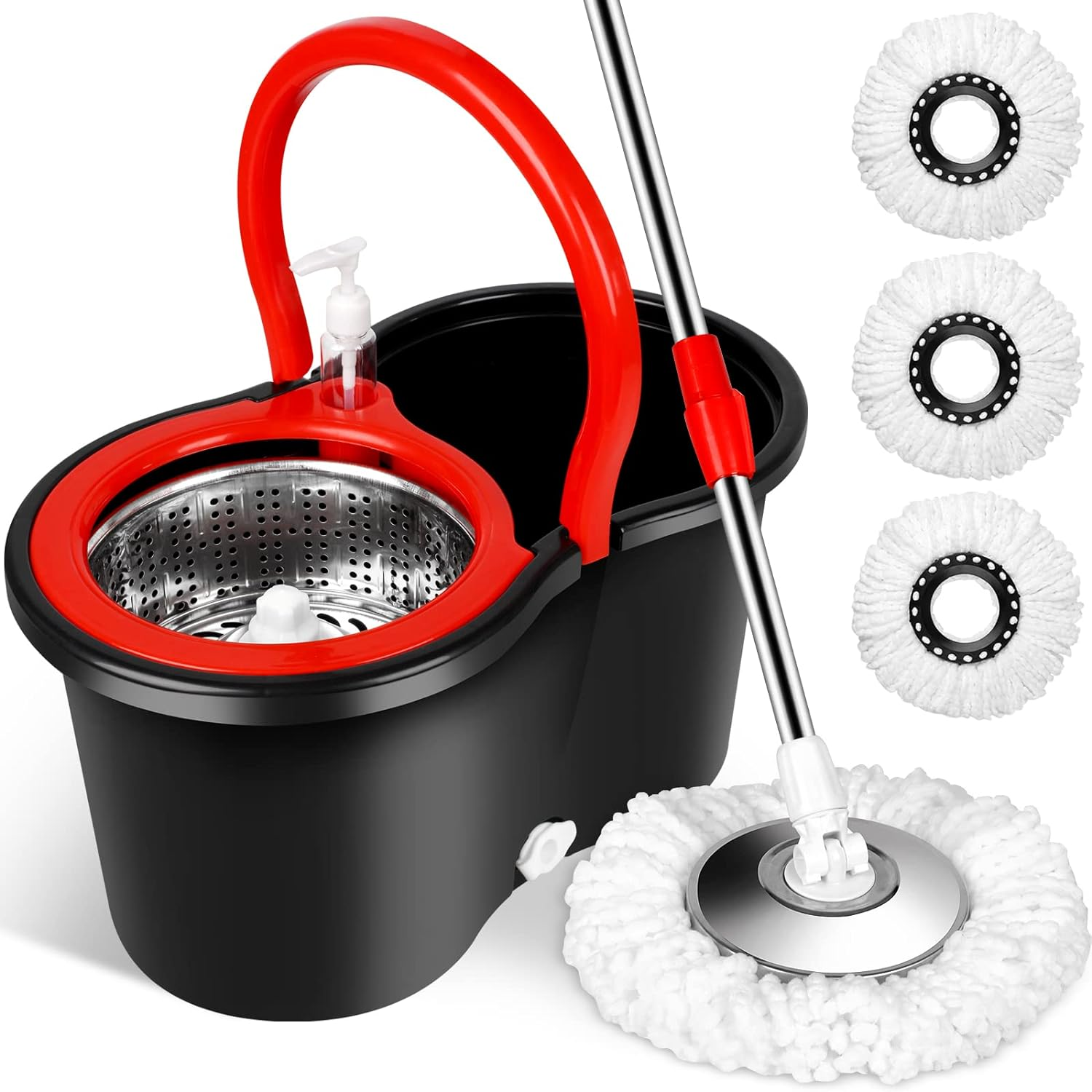 Spin Mop and Bucket with Wringer Set, 360° Rotating Head Mop Bucket System,  3 Microfiber Mop Heads for Floor Cleaning (Black & Red)