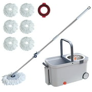 INWEJIA Spin Mop and Bucket Set with Wringing, 6 Microfiber Heads, 60" Stainless Steel Handle, 2 Wheels