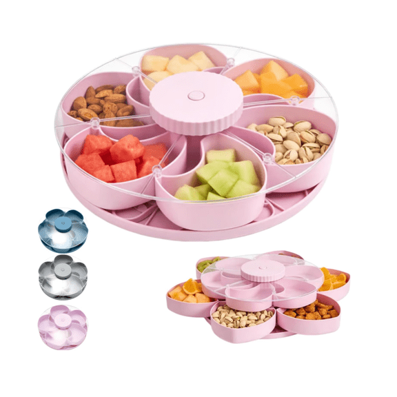 Spin Snack Container,Divided Serving Tray For Snacks, Dips & Party Appetizers, Rotating Snack Box Container With Lid, Lazy Susan Organizer Veggie Fruit Tray For Kitchen,Travel And Picnic (Pink)