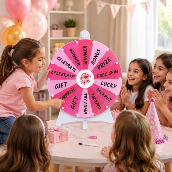 Spin Wheel Prize Game Board, 20 Inch, includes blackboard marker, pointer, eraser, pink