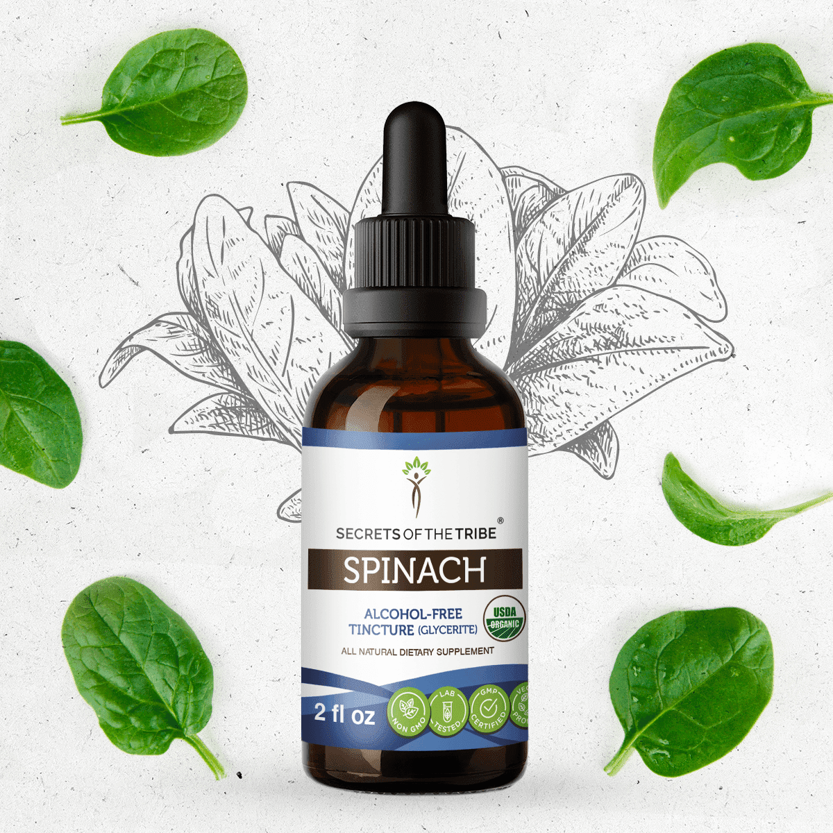 Secrets Of The Tribe Spinach Organic Dietary Supplement, Natural Herbal Tincture for Nutritional Support, Certified Organic Spinach Flakes (Spinacia oleracea) Dried Leaf, Alcohol-Free Extract, 2 oz