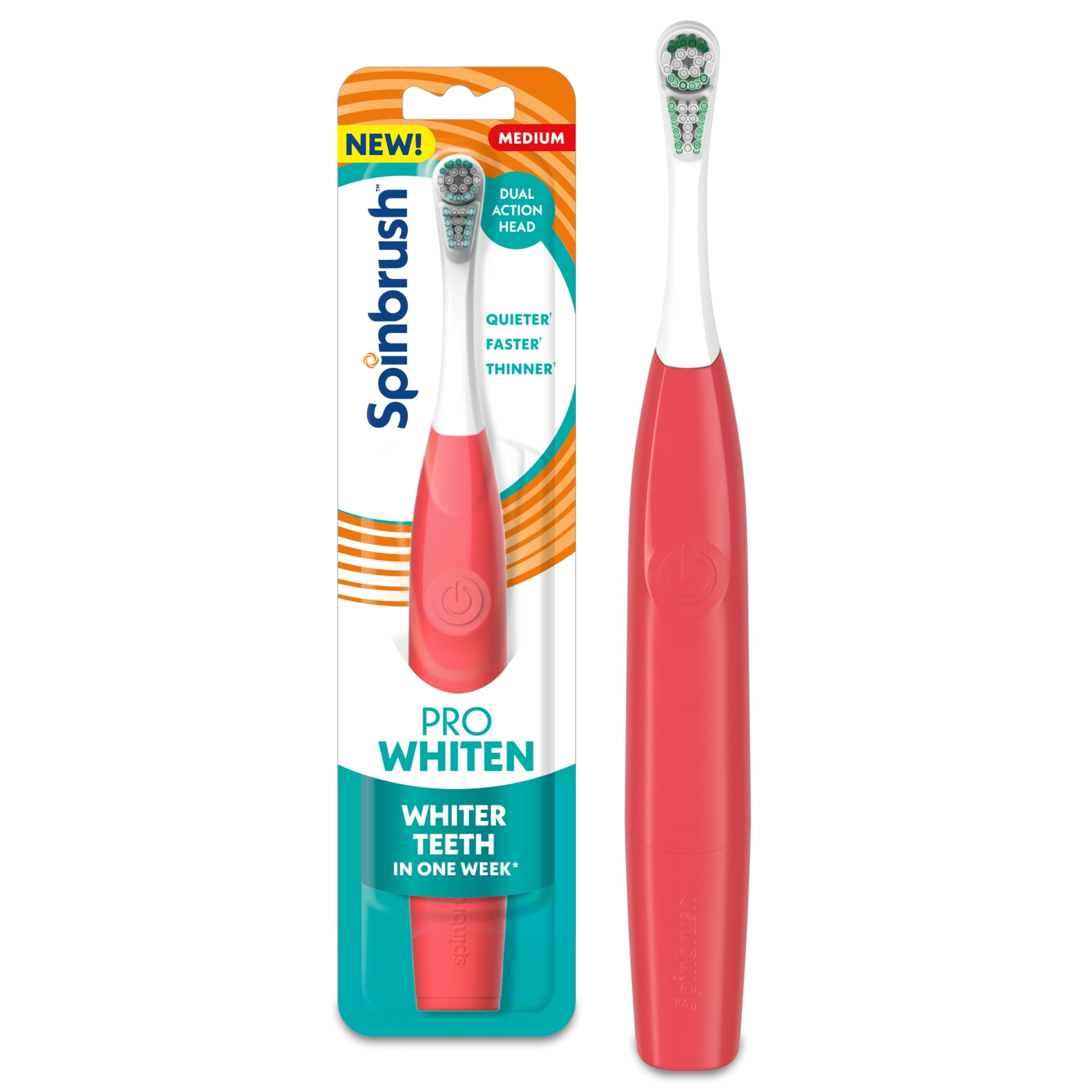 Spinbrush NEW PRO WHITEN Battery Powered Electric Toothbrush for Adults, Medium Bristles, Coral