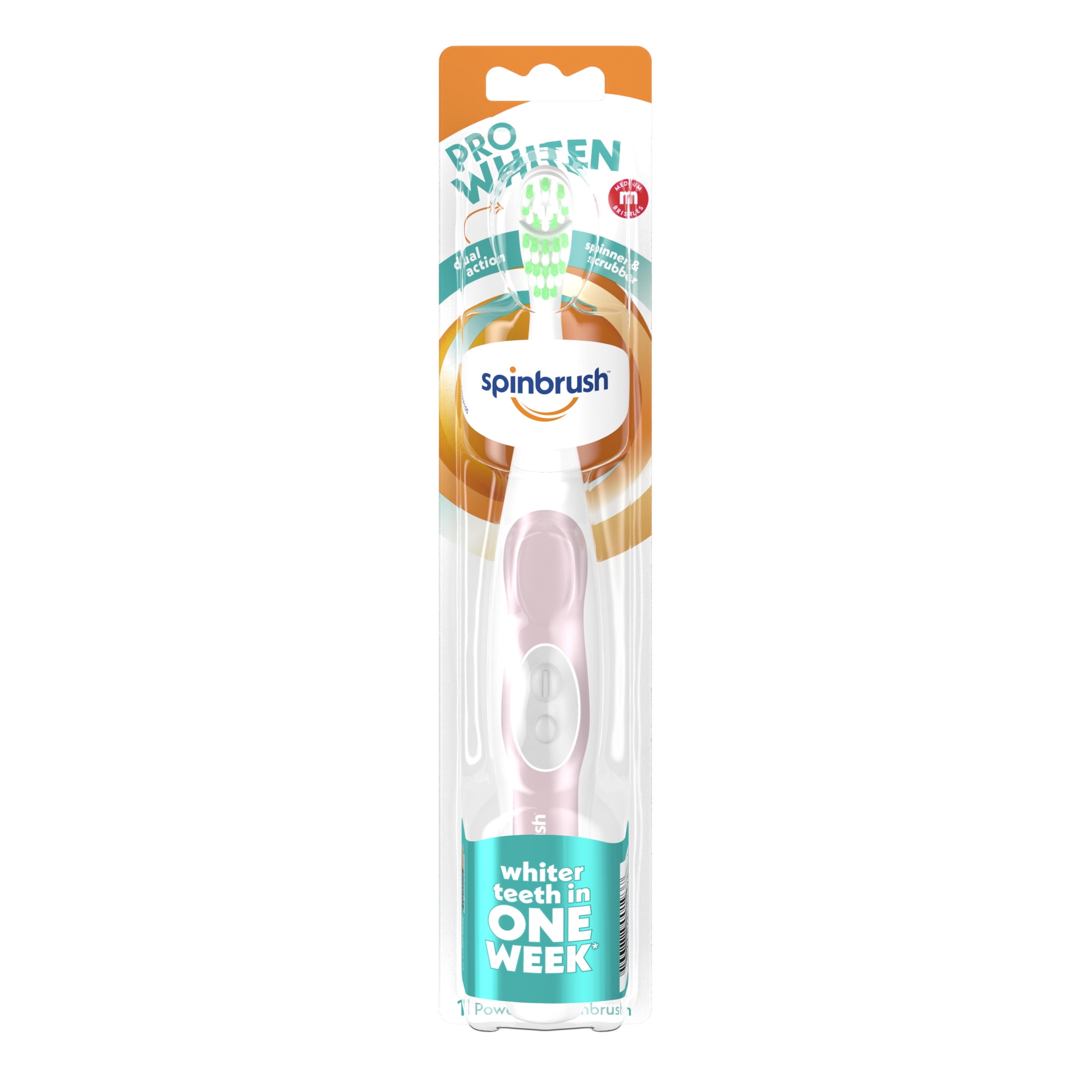 Spinbrush PRO WHITEN Battery Powered Toothbrush, Medium Bristles, 1 Count, Rose Gold or Silver Color May Vary