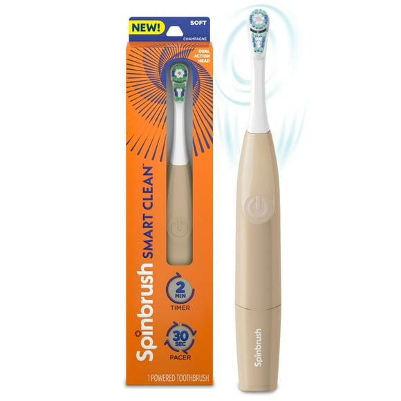 Spinbrush Smart Clean Battery STF9Powered Electric Toothbrush for Adults with Dual Action Head, Pacer & Timer, Champagne, Soft Bristles, 1 Count