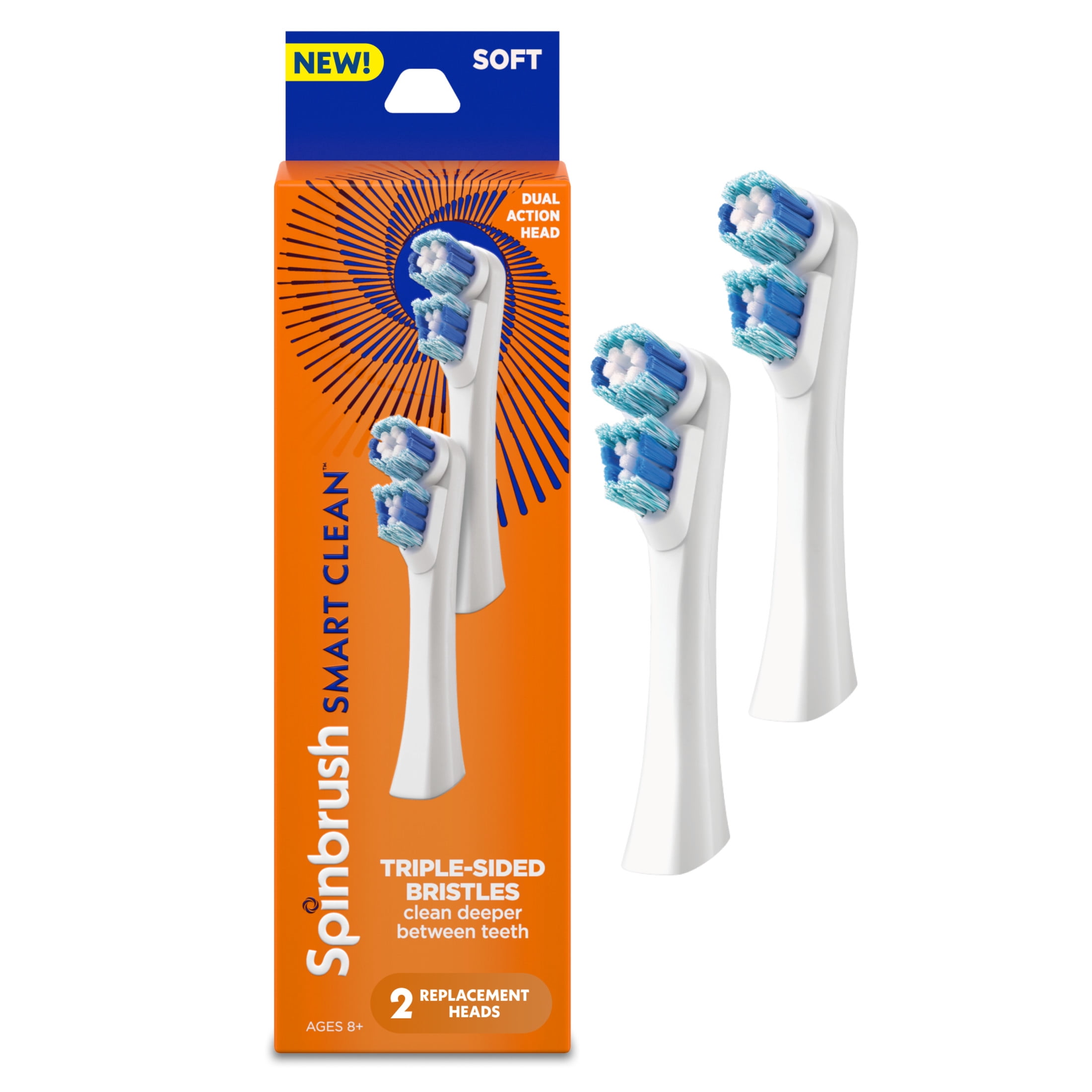 Spinbrush Smart Clean Replacement Heads for Adults, Battery Powered Electric Toothbrush Refills, Soft Bristles, 2 Count