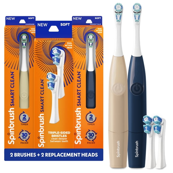 Spinbrush Smart Clean Value Pack, Battery Powered Electric Toothbrush for Adults, 2 Brushes & 2 Replacement Heads