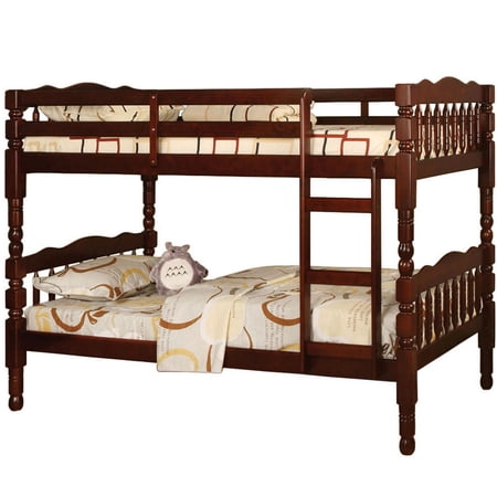 Spindle Design Twin Over Twin Bed with Attached Ladder, Cherry Brown