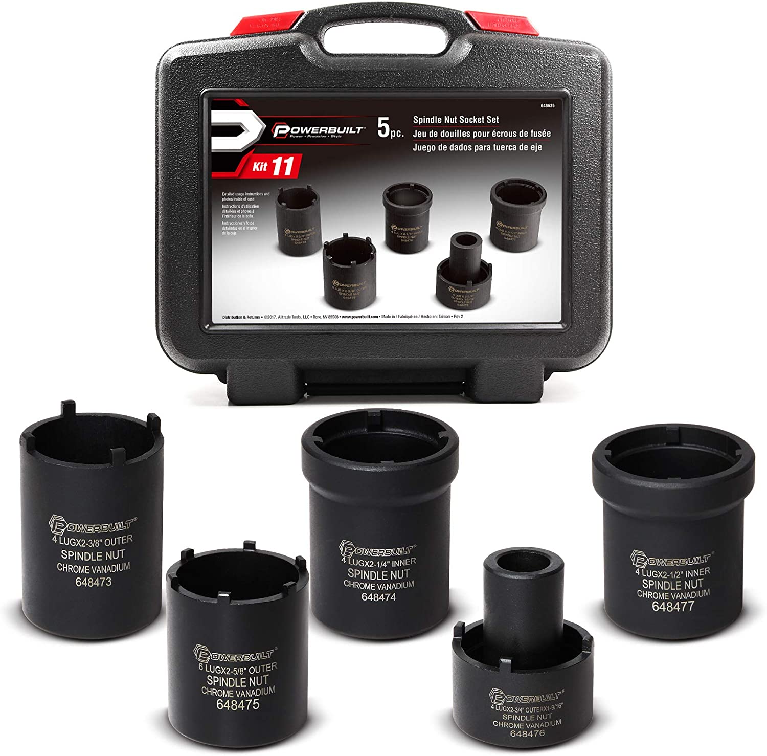 Spindle Nut Socket Tool Kit, 5 Piece, Remove Spindle Nuts, Various Size