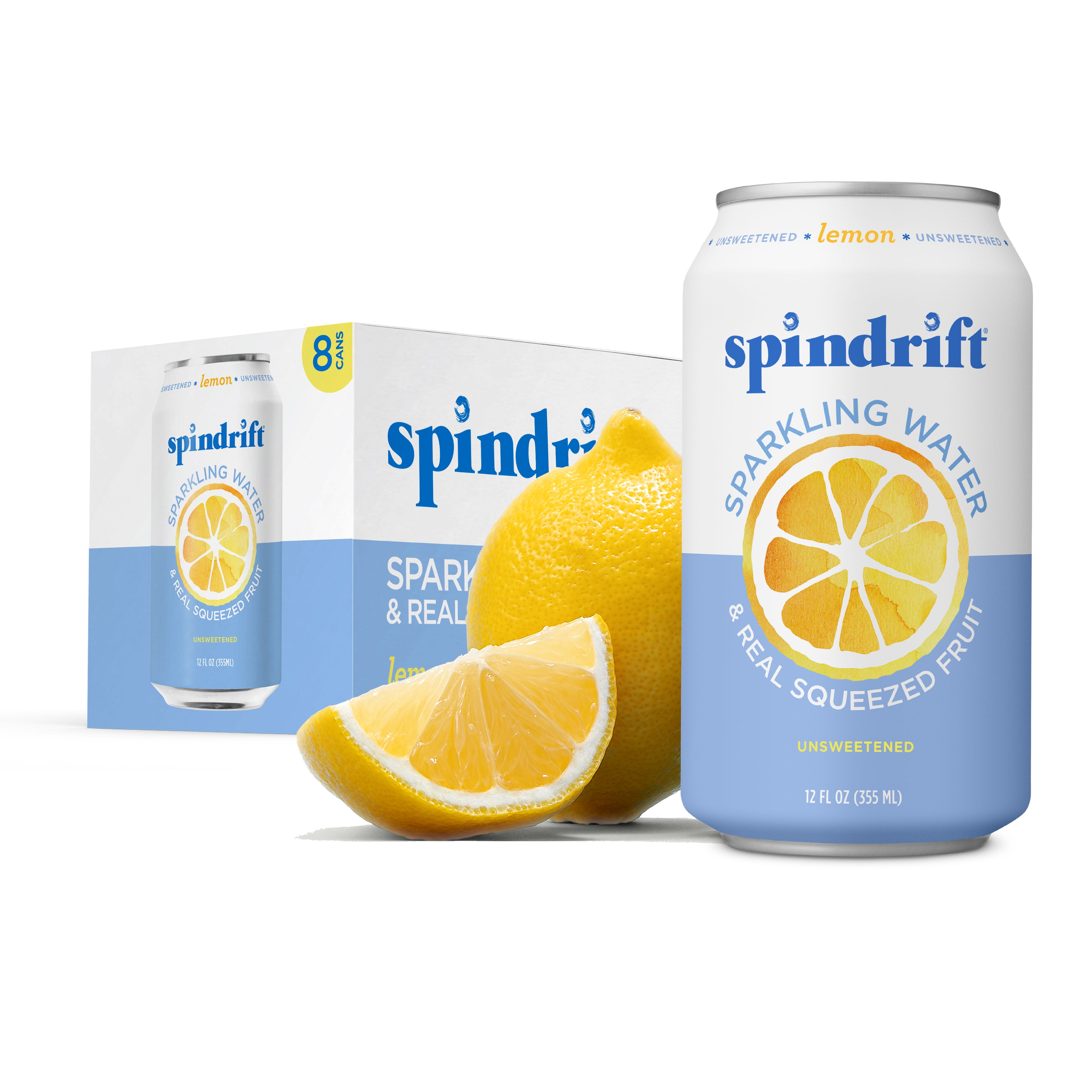 Spindrift Lemon Flavored Sparkling Water, Real Squeezed Fruit, 12 fl oz, 8 Count, 3 Cal per Can