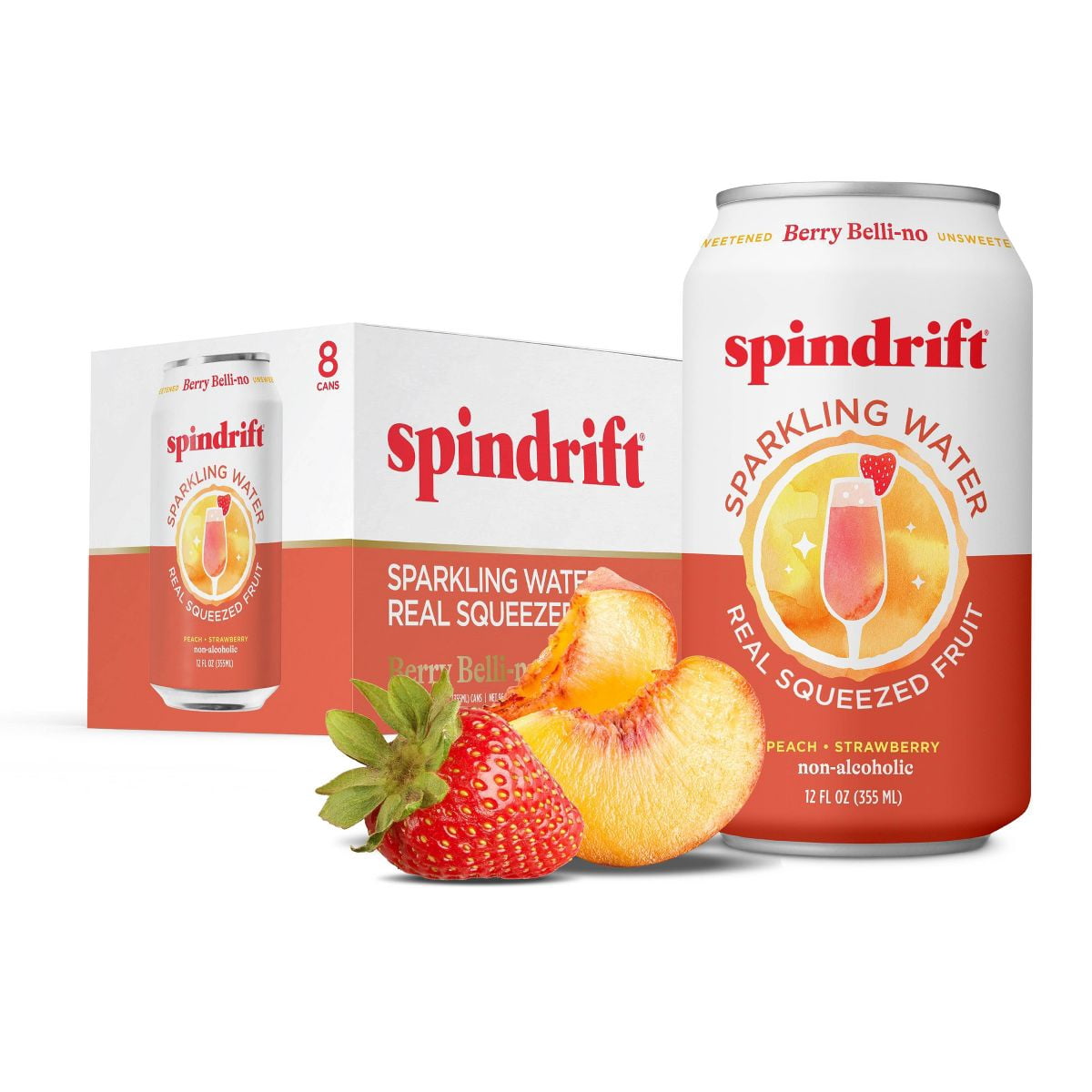 Spindrift Sparkling Water, Berry Belli-no Flavored, Made with Real Squeezed Fruit, 12 fl oz, 8 Count, No Sugar Added, 13 Calories per Can