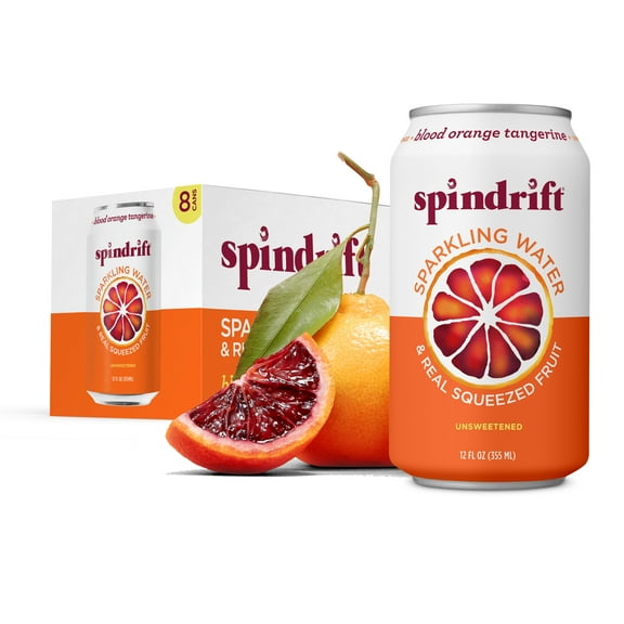 Spindrift Sparkling Water, Blood Orange Tangerine Flavored,  Made with Real Squeezed Fruit, 12 fl oz, 8 Count, No Sugar Added, 12 Calories per Can