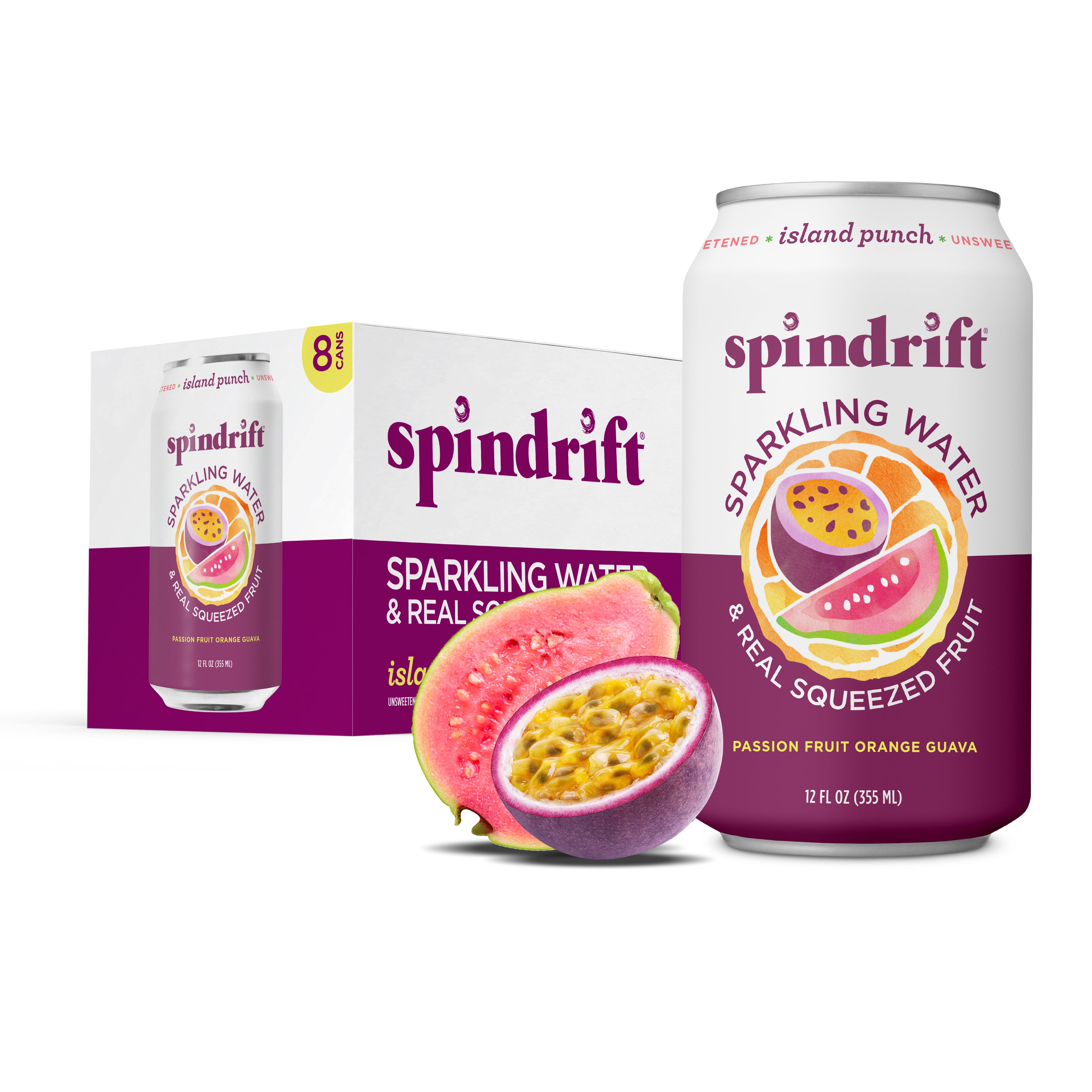 Spindrift Sparkling Water, Island Punch Flavored, Made with Real Squeezed Fruit, 12 fl oz, 8 Count, No Sugar Added, 13 Calories per Can