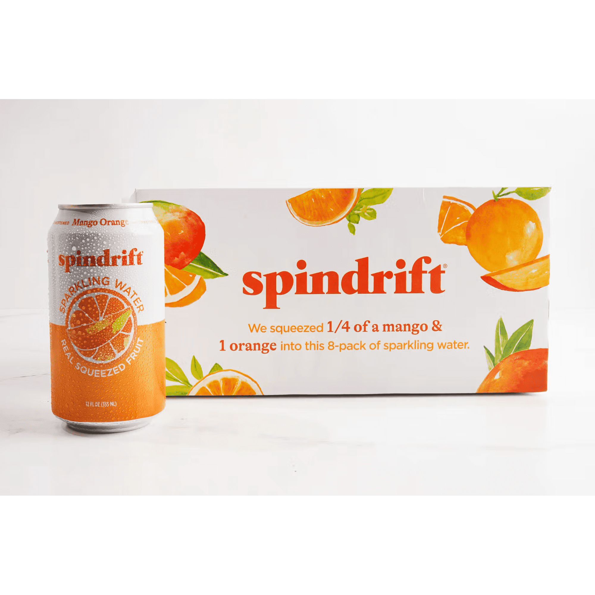 Spindrift Sparkling Water, Mango Orange, Made with Real Squeezed Fruit, 12 fl oz, 8 Count, No Sugar Added, 12 Calories per Can