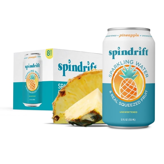 Spindrift Sparkling Water , Pineapple Flavored, Made with Real Squeezed fruit, 12 fl oz, 8 count, No Sugar Added, 15 Calories per Can