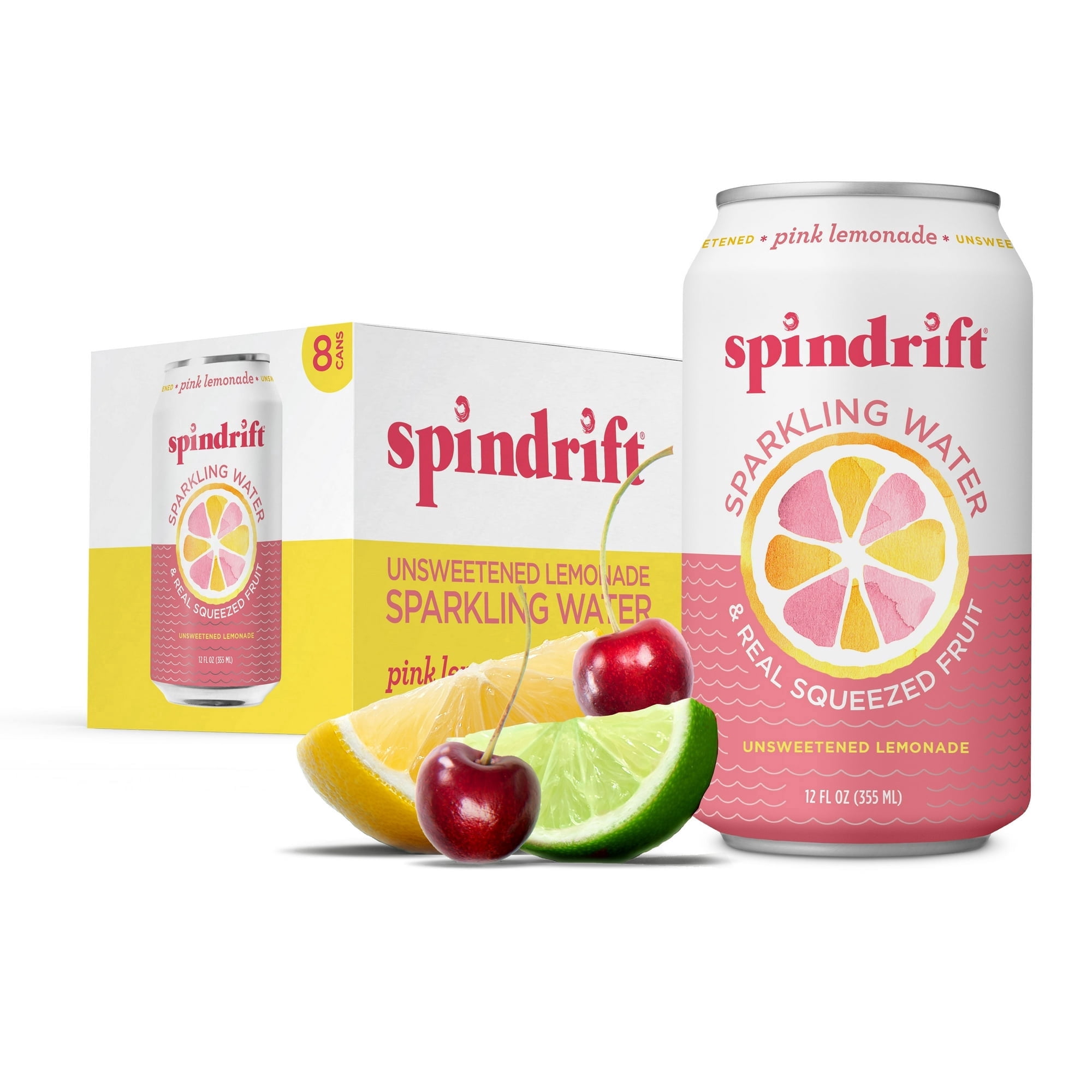 Spindrift Sparkling Water, Pink Lemonade, Made with Real Squeezed Fruit, 12 fl oz, 8 Count, No Sugar Added, 10 Calories per Can