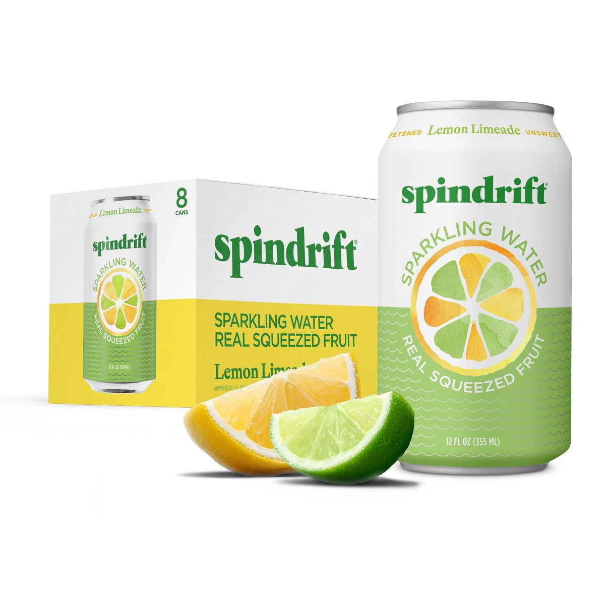 Spindrift Sparkling Water, Lemon Limeade, Made with Real Squeezed Fruit, 12 fl oz, 8 Count, No Sugar Added, 4 Calories per Can