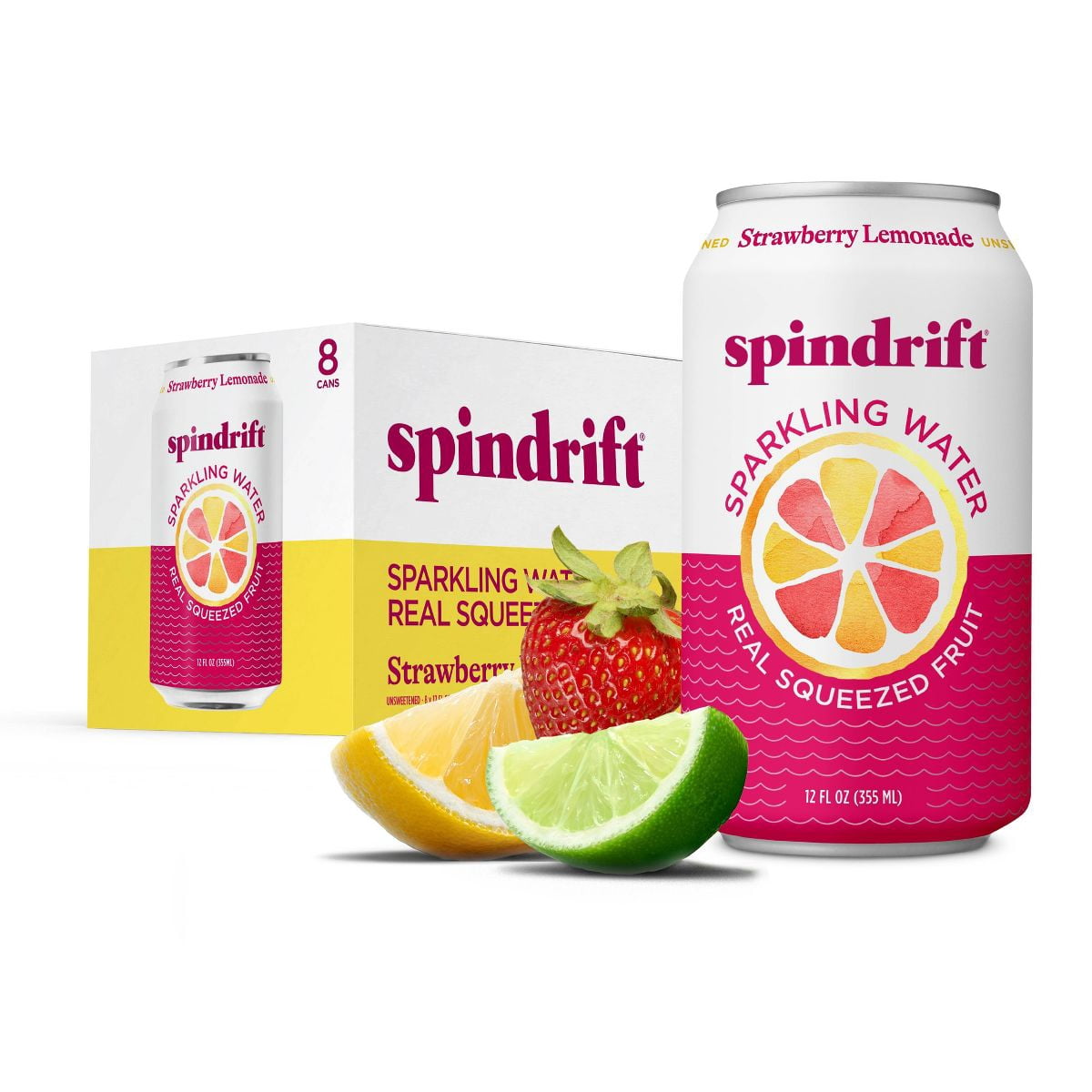 Spindrift Sparkling Water, Strawberry Lemonade, Made with Real Squeezed Fruit, 12 fl oz, 8 Count, No Sugar Added, 7 Calories per Can
