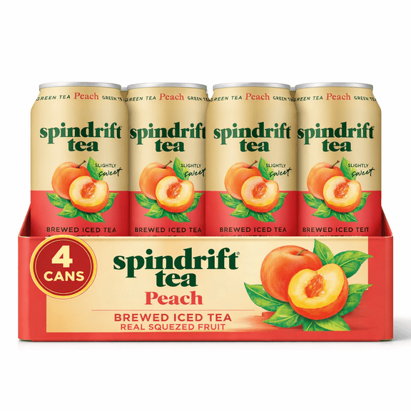 Spindrift Tea, Peach Brewed Iced Tea, 4 Cans (12oz Each) Real Squeezed Fruit Iced Tea, Lightly Sweet