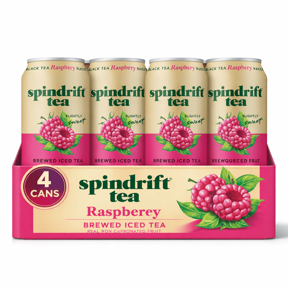 Spindrift Tea, Raspberry Brewed Iced Tea, 4 Cans (12oz Each) Real Squeezed Fruit Iced Tea, Lightly Sweet
