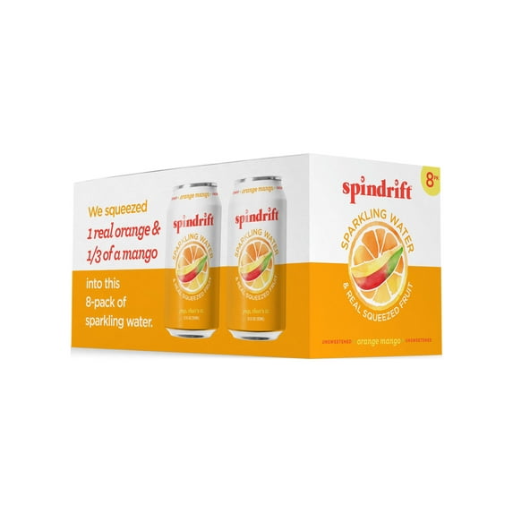 Spindrift Unsweetened Orange Mango Sparkling Water Real Squeezed Fruit, 12 FL Oz, 8 Pack Cans