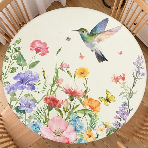 Sping Round Fitted Tablecloth Best for 40"-44" Floral Table Cloth Elastic Edge Washable Farmhouse Rustic Flower Spring Brid Table Cover for Party Picnic Indoor Decor