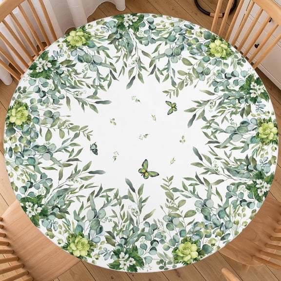 Sping Round Fitted Tablecloth Best for 40"-44" Leaves Table Cloth Elastic Edge Washable Farmhouse Rustic Floral Leaf Butterfly Spring Green Table Cover for Party Picnic Indoor Decor