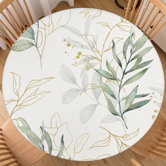Sping Round Fitted Tablecloth Best for 40"-44" Leaves Table Cloth Elastic Edge Washable Farmhouse Rustic Floral Leaf Spring Gold Green Table Cover for Party Picnic Indoor Decor