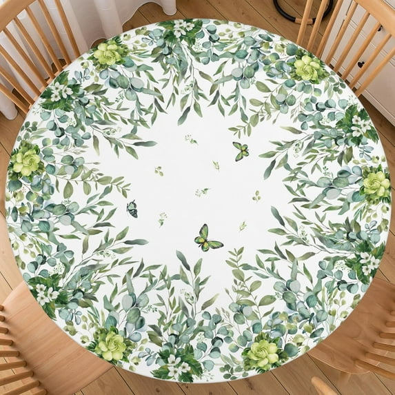 Sping Round Fitted Tablecloth Best for 44"-48" Leaves Table Cloth Elastic Edge Washable Farmhouse Rustic Floral Leaf Butterfly Spring Green Table Cover for Party Picnic Indoor Decor