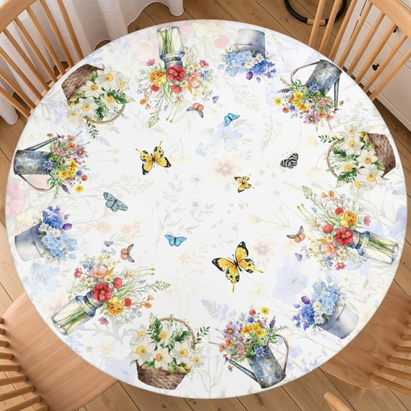 Sping Round Fitted Tablecloth Best for 48"-52" Floral Table Cloth Elastic Edge Washable Farmhouse Rustic Flower Butterfly Spring Table Cover for Party Picnic Indoor Decor