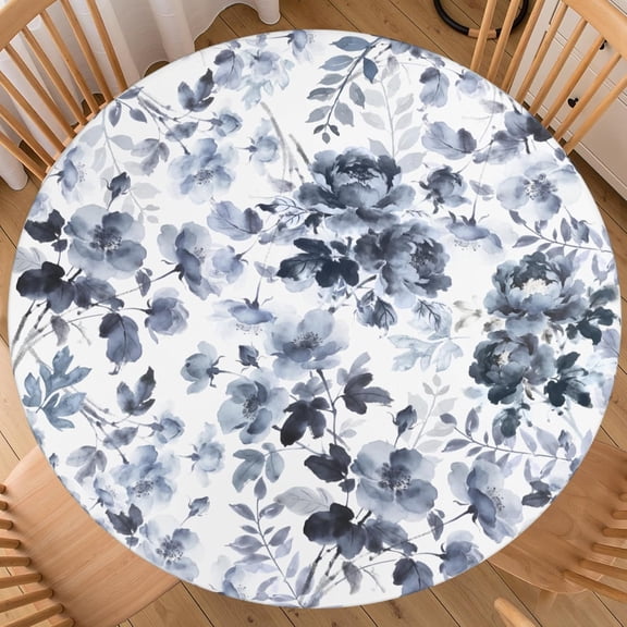 Sping Round Fitted Tablecloth Best for 48"-52" Navy Blue Floral Table Cloth Elastic Edge Washable Farmhouse Rustic Flower Spring Table Cover for Party Picnic Indoor Decor
