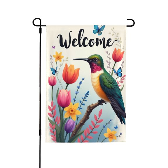 Sping Welcome Garden Flag For Outside 12×18 Colorful Hummingbird Illustration On Branch With Pink Leaves Banners Garden Flag Double Sided Yard Flag House Holiday Outdoor Farmhouse Decoration