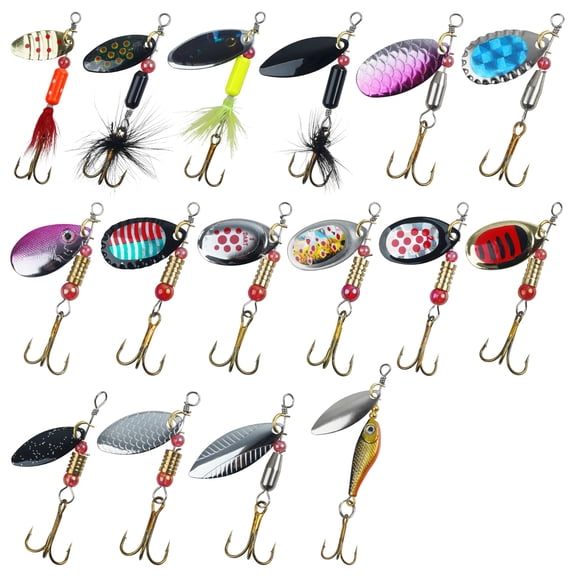 Spinnbaits Fishing Lures Kit, 16pcs Inline Spinner Baits Kit with Bag Rooster Feather Tail Spoon Lures Hard Metal Lure for Bass Trout Walleye Salmon Fishing Tackle Set