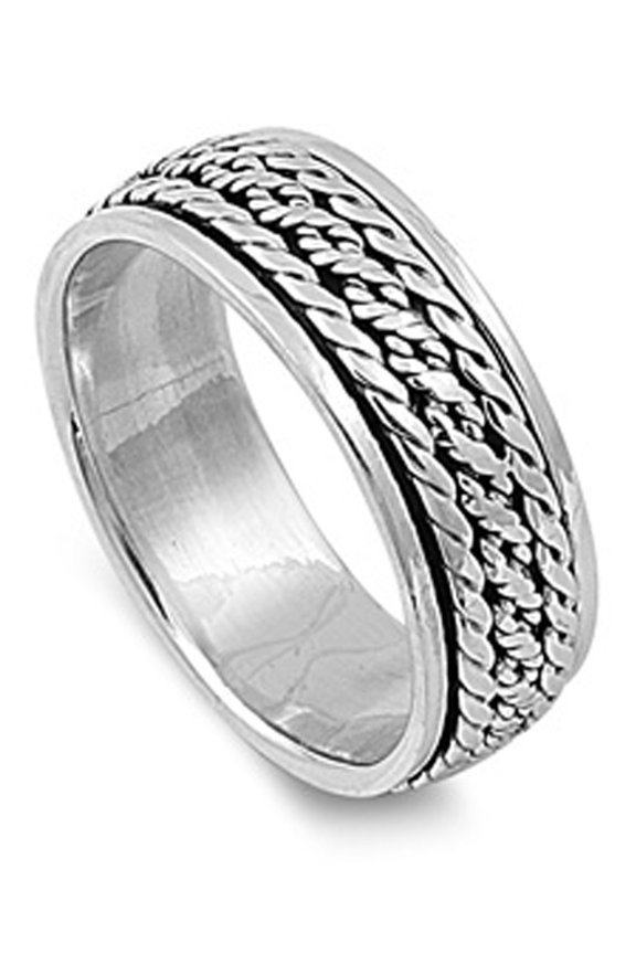Spinner Bali Rope Chain Link Fidget Wedding Ring ( Sizes 8 9 10 11 12 13 14 ) Sterling Silver Band Rings (Size 9)