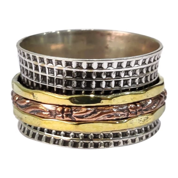 Spinner Band, Bohemian Ring, 925 Sterling Silver Ring, Spinning Thumb Ring, Three Tone Ring, Fidget Ring, Handmade Jewelry, Christmas Oxidized, Brass Copper Band, Anxiety Ring, Mans Band Gifts