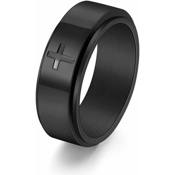 Spinner Cross Ring, 8mm Width, Titanium Stainless Steel, Unisex, Silver & Black, Size 6-13