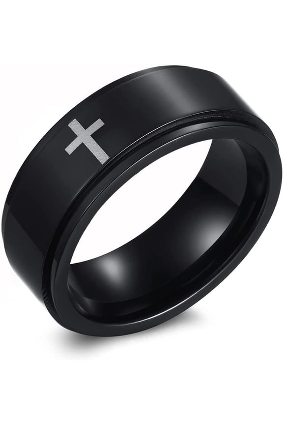 Spinner Cross Rings for Men, Silver/Black Anxiety Fidget Rings Men, Mens Rings Stainless Steel for Stress Relieving, Promise Ring for Women Size 6-12