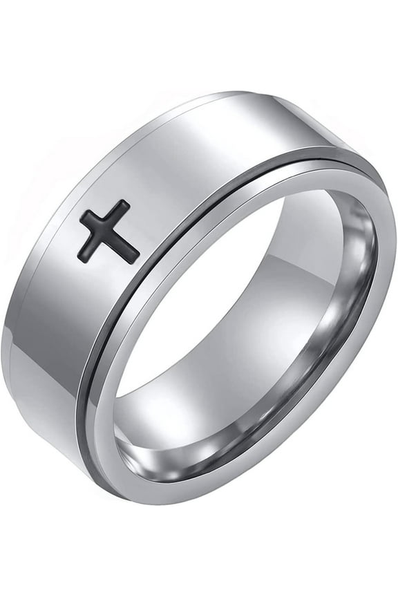 Spinner Cross Rings for Men, Silver/Black Anxiety Fidget Rings Men, Mens Rings Stainless Steel for Stress Relieving, Promise Ring for Women Size 6-12