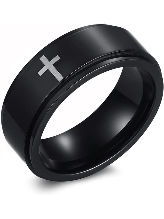 Spinner Cross Rings for Men, Silver/Black Anxiety Fidget Rings Men, Mens Rings Stainless Steel for Stress Relieving, Promise Ring for Women Size 7-12