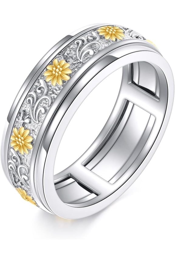 Spinner Fidget Anxiety Ring 925 Sterling Silver Sunflower Anxiety Relieve Rings Stress Worry Relieving Boredom ADHD Autism Band Jewelry Gifts for Women Men